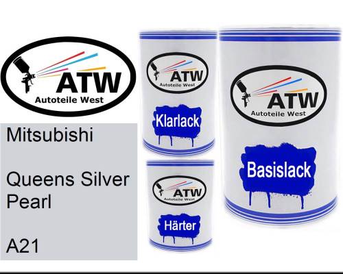 Mitsubishi, Queens Silver Pearl, A21: 500ml Lackdose + 500ml Klarlack + 250ml Härter - Set, von ATW Autoteile West.